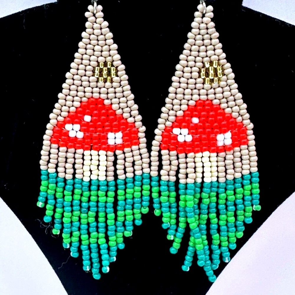 Mushroom Beaded Earrings OS Red Green Tan Fringe Dangle Drop Boho